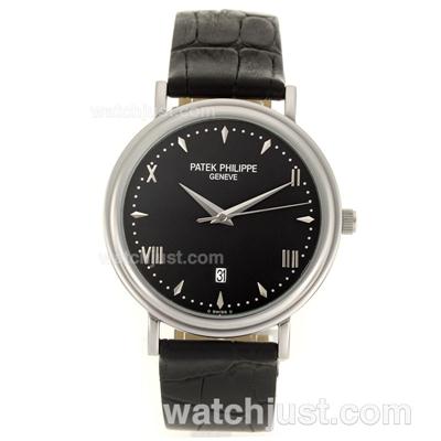 Patek Philippe Classic Roman/Stick Markers with Black Dial-Leather Strap