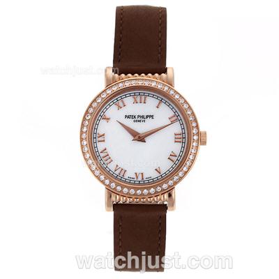 Patek Philippe Classic Rose Gold Case Diamond Bezel with MOP Dial-Leather Strap