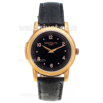 Patek Philippe Classic Rose Gold Case Number Markers with Black Dial-Leather Strap