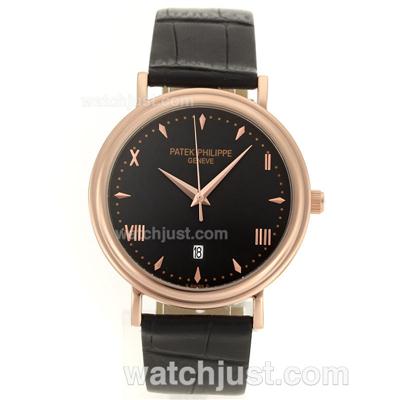 Patek Philippe Classic Rose Gold Case Roman/Stick Markers with Black Dial-Leather Strap