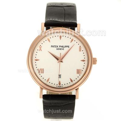 Patek Philippe Classic Rose Gold Case Roman/Stick Markers with White Dial-Leather Strap