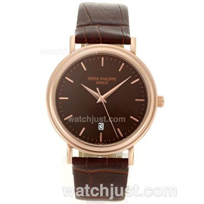 Patek Philippe Classic Rose Gold Case Stick Markers with Brown Dial-Leather Strap