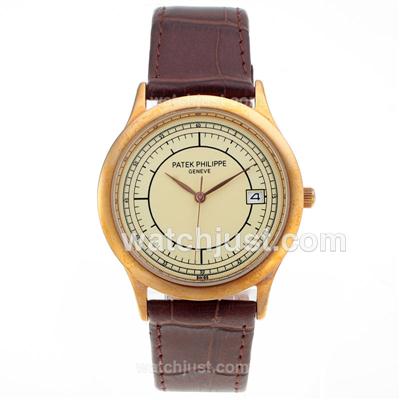 Patek Philippe Classic Rose Gold Case with Beige Dial-Leather Strap