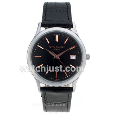 Patek Philippe Classic Rose Stick Markers with Black Dial-Leather Strap