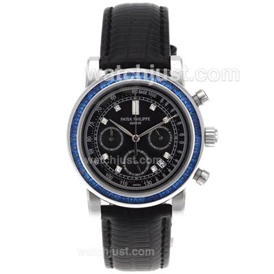 Patek Philippe Classic Working Chronograph Blue Diamond Bezel with Black Dial-Leather Strap