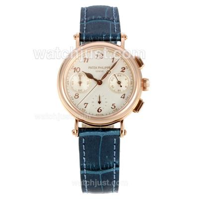 Patek Philippe Classic Working Chronograph Diamond Bezel Rose Gold Case with White Dial-Blue Leather Strap