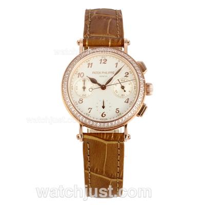 Patek Philippe Classic Working Chronograph Diamond Bezel Rose Gold Case with White Dial-Brown Leather Strap