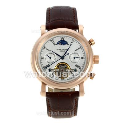 Patek Philippe Tourbillon Automatic Rose Gold Case Roman Markers with White Dial-Leather Strap