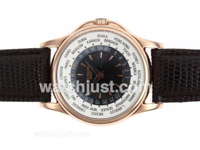 Patek Philippe Worldtime Gold 5110 Automatic Rose Gold Case with Black Dial-Leather Strap