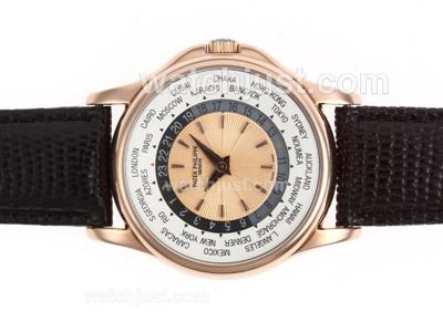 Patek Philippe Worldtime Gold 5110 Automatic Rose Gold Case with Champagne Dial-Leather Strap