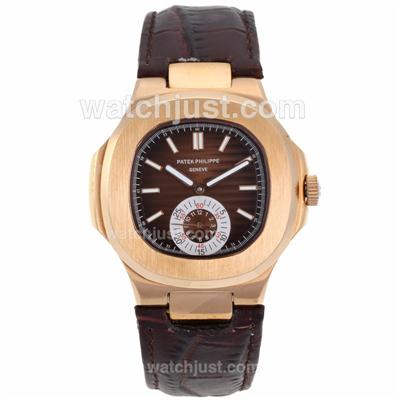 Patek Philippe Nautilus Automatic Rose Gold Case with Brown Dial-Leather Strap