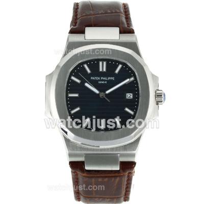 Patek Philippe Nautilus Automatic Stick Markers with Green Dial-Leather Strap