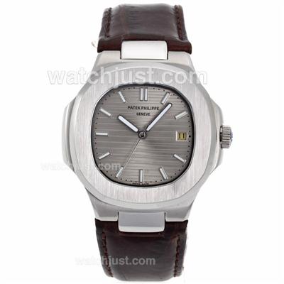 Patek Philippe Nautilus Automatic with Gray Dial-Leather Strap