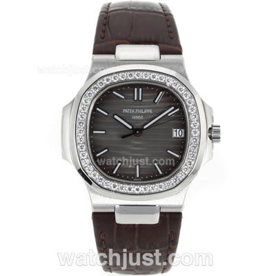 Patek Philippe Nautilus Jumbo MBW Swiss ETA 2824 Movement Diamond Bezel with Gray Dial-Leather Strap