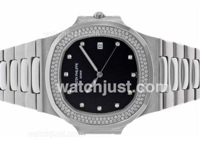 Patek Philippe Nautilus Swiss ETA 2836 Movement Diamond Bezel and Markers with Black Dial S/S