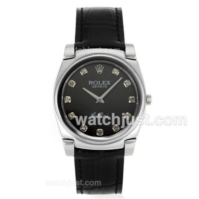 Rolex Cellini Diamond Markers with Gray Dial-Black Leather Strap