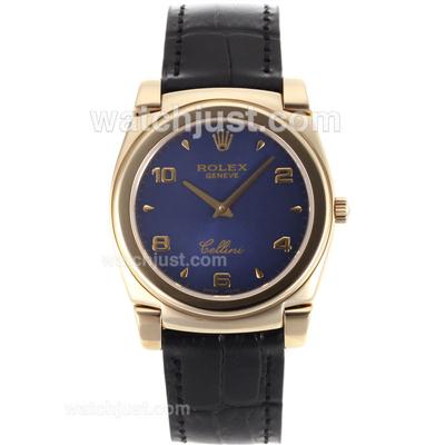 Rolex Cellini Full Gold Case Number/Stick Markers with Blue Dial-Black Leather Strap