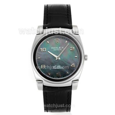 Rolex Cellini Stick/Number Markers with Green MOP Dial-Black Leather Strap