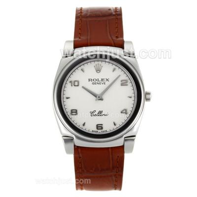 Rolex Cellini Stick/Number Markers with White Dial-Brown Leather Strap