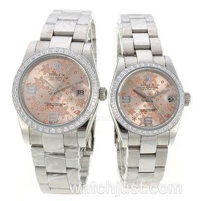 Rolex Datejust Automatic Diamond Bezel with Champagne Floral Motif Dial-Sapphire Glass S/S-Couple Watch