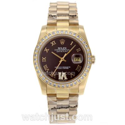 Rolex Datejust Automatic Full Gold Diamond Bezel Roman Markers with Brown Dial-Sapphire Glass