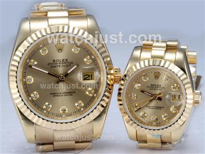 Rolex Datejust Automatic Full Gold with Diamond Marking-Golden Dial Couple Watch