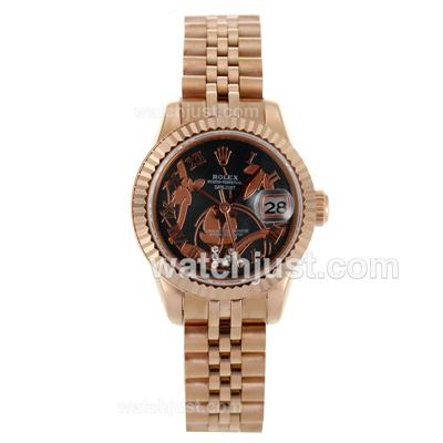 Rolex Datejust Automatic Full Rose Gold Roman Markers with Black Dial-Flowers Illustration