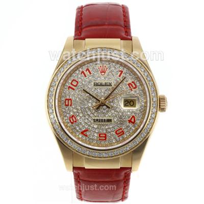 Rolex Datejust Automatic Gold Case Number Markers with Diamond Bezel and Dial-Red Leather Strap