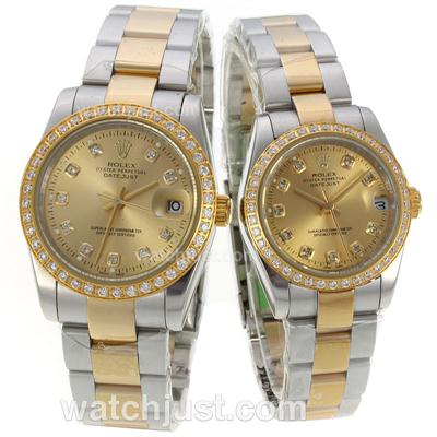 Rolex Datejust Automatic Two Tone Diamond Bezel Diamond Markers with Golden Dial-Sapphire Glass-Couple Watch