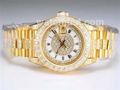 Rolex Datejust Swiss ETA 2671 Movement Full Gold with Diamond Bezel and Dial-White Lady Size