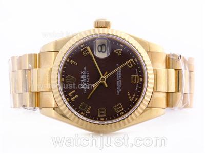 Rolex DateJust Swiss ETA 2836 Movement Full Gold Brown Dial with Arabic Marking-Mid Size