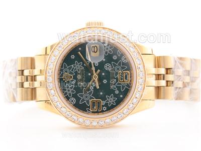 Rolex Datejust Swiss ETA 2836 Movement Full Gold Dark Green Floral Motif Dial with Diamond Bezel