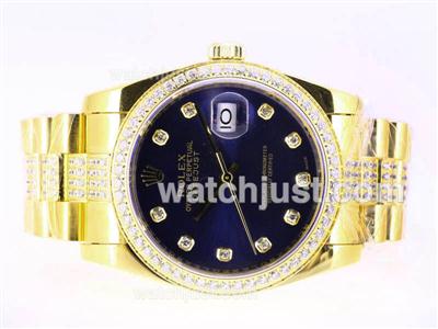 Rolex Datejust Swiss ETA 2836 Movement Full Gold Diamond Marking and Bezel with Blue Dial