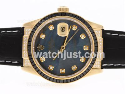 Rolex Datejust Swiss ETA 2836 Movement Gold Case Black Ruby Bezel Diamond Markers with Black MOP Dial-Leather Strap