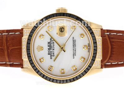 Rolex Datejust Swiss ETA 2836 Movement Gold Case Black Ruby Bezel Diamond Markers with MOP Dial-Leather Strap