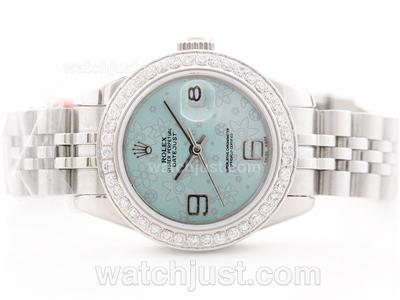 Rolex Datejust Swiss ETA 2836 Movement Light Blue Floral Motif Dial with Diamond Beze