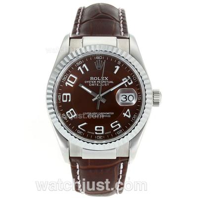 Rolex Datejust Swiss ETA 2836 Movement Number Markers with Brown Dial-Leather Strap