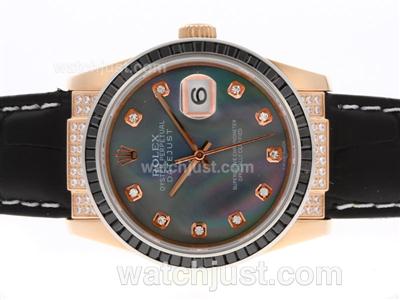 Rolex Datejust Swiss ETA 2836 Movement Rose Gold Case Black Ruby Bezel Diamond Markers with Black MOP Dial-Leather Strap