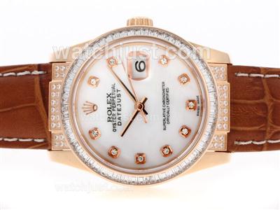 Rolex Datejust Swiss ETA 2836 Movement Rose Gold Case CZ Diamond Bezel Diamond Markers with MOP Dial-Leather Strap