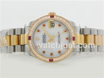 Rolex Datejust Swiss ETA 2836 Movement Two Tone Diamond Bezel with White Dial-Red Diamond Marking