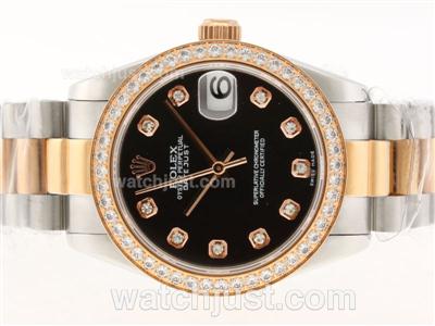 Rolex Datejust Swiss ETA 2836 Movement Two Tone Diamond Marking and Bezel with Black Dial