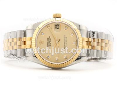 Rolex Datejust Swiss ETA 2836 Two-Tone Golden Dial with Diamond Marking-Mid Size