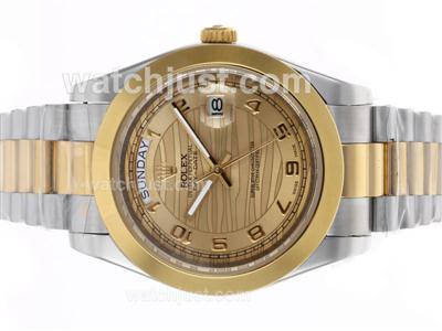 Rolex Day-Date II Automatic Two Tone Number Markers with Golden Wave Dial