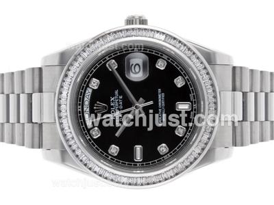 Rolex Day-Date II Swiss ETA 2836 Movement CZ Diamond Bezel with Black Dial S/S