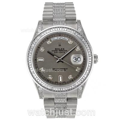 Rolex Day-Date II Swiss ETA 2836 Movement CZ Diamond Bezel with Gray Dial