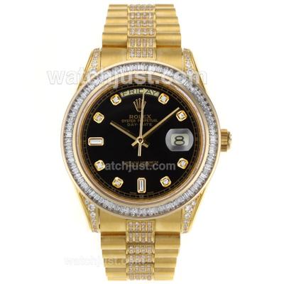 Rolex Day-Date II Swiss ETA 2836 Movement Full Gold CZ Diamond Bezel with Black Dial