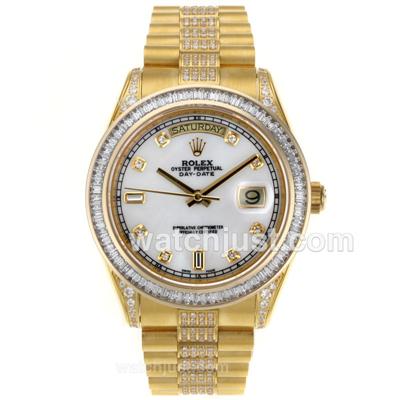 Rolex Day-Date II Swiss ETA 2836 Movement Full Gold CZ Diamond Bezel with MOP Dial