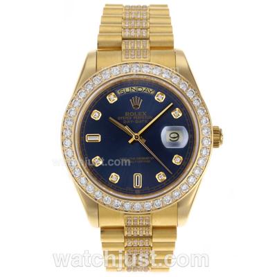 Rolex Day-Date II Swiss ETA 2836 Movement Full Gold Diamond Markers and Bezel with Blue Dial