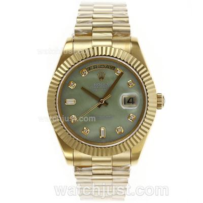 Rolex Day-Date II Swiss ETA 2836 Movement Full Gold Diamond Markers with Green MOP Dial S/S-Same Chassis As ETA Version-