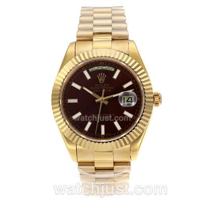 Rolex Day-Date II Swiss ETA 2836 Movement Full Gold Stick Markers with Brown Dial